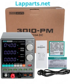 SUGON 3010-PM DC Power Supply 30V/10A Adjustable 4-Digits Display with 6 groups of intelligent USB adjustable output and 2 groups of fixed 5V/2A current output for mobile phone tablet laptops motherboard repair. SUGON 3010-PM 310W DC Power Supply 30V/10A adjustable for electronic PCB logic boards repair.