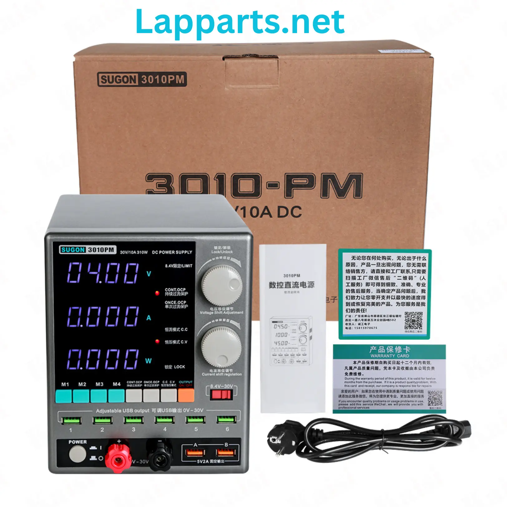 SUGON 3010-PM DC Power Supply 30V/10A Adjustable 4-Digits Display with 6 groups of intelligent USB adjustable output and 2 groups of fixed 5V/2A current output for mobile phone tablet laptops motherboard repair. SUGON 3010-PM 310W DC Power Supply 30V/10A adjustable for electronic PCB logic boards repair.